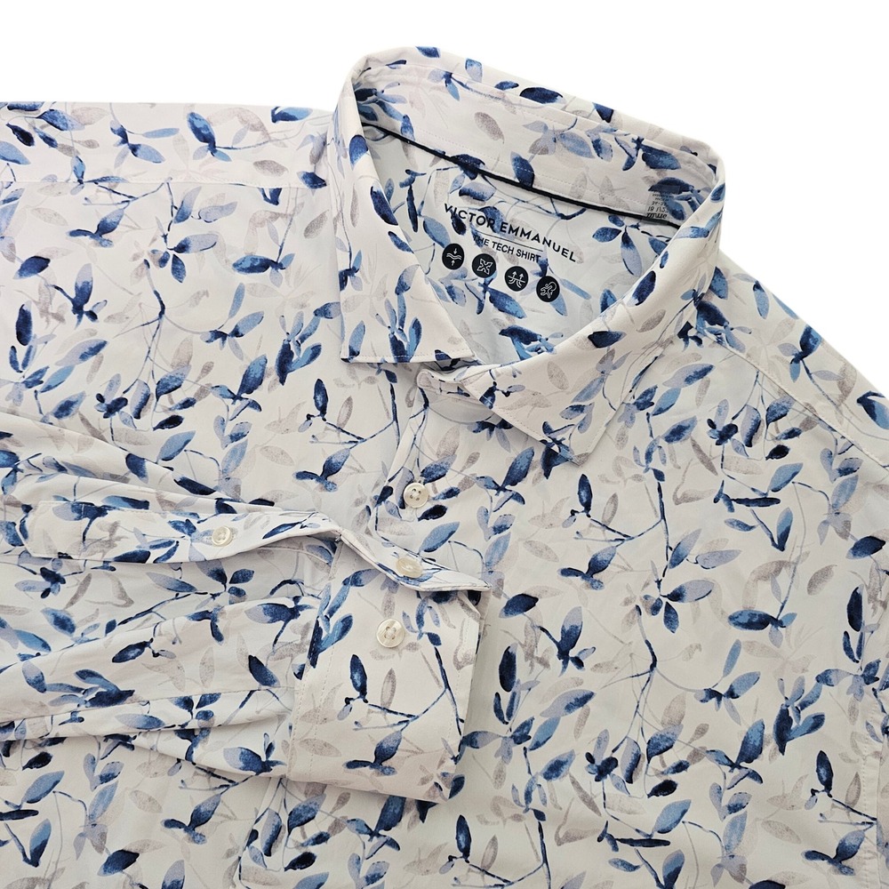 Victor Emmanuel The Tech Shirt Men XXL White Blue Leaf Print Stretch Performance